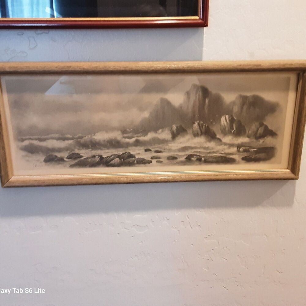 Vintage Framed picture of the ocean waves Large and Small Rocks